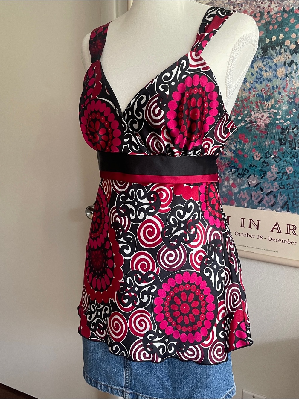 Babydoll Tank Top Womens Large Red Swirl Print Empire Waist Boho Euro Whimsy Y2K - Picture 3 of 11
